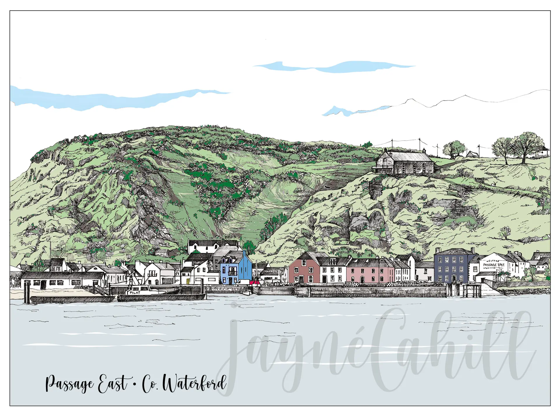 Limited edition signed print of original pen & ink drawing of Passage East, Co. Waterford, Ireland, by artist Jayné Cahill. If you look closely you will even see the famous Passage East goats!